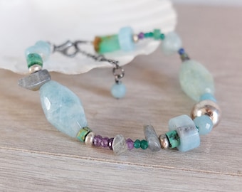 Asymmetrical multi stone bracelet,opal, Aquamarine, Crysophrase