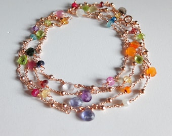 Collana lunga in argento placcato oro rosa ,briolette di tormalina multicolore,e rondelle catena placcata oro rosa ,collana lunga tormalina