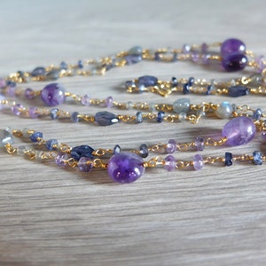 Iolite, long necklace with Labradorite and amethyst