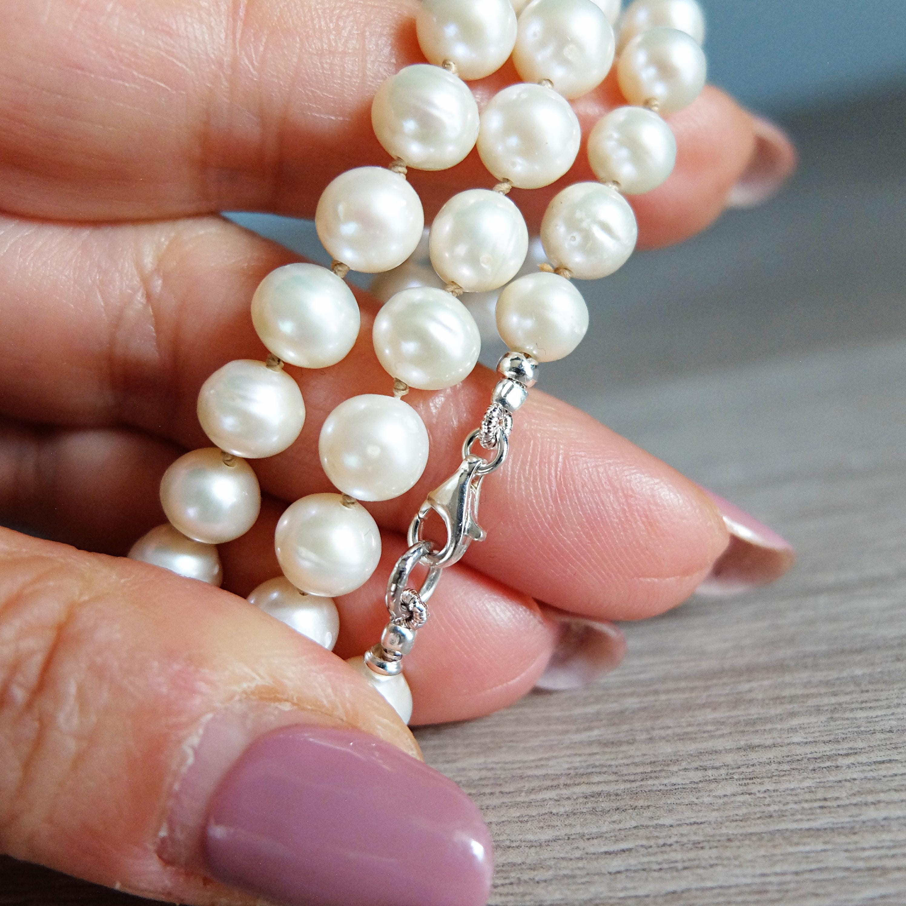 Collier Long En Hématite Et Perles De Rivière Blanches - 139 Cm, Fermoir Argent 925, Neuf