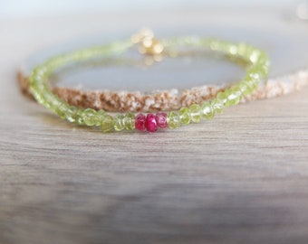 Peridot  and Ruby stacking bracelet  skinny peridot