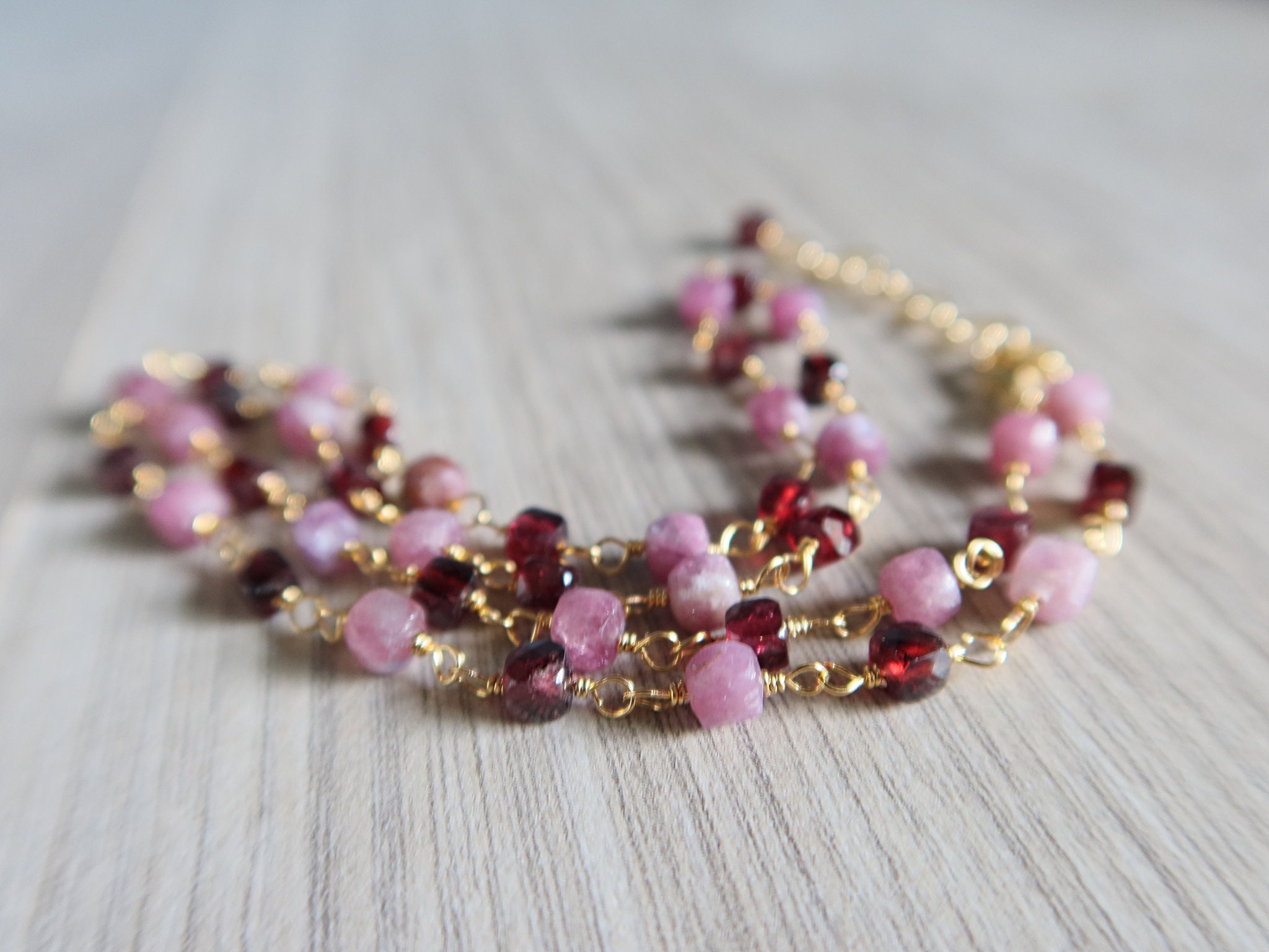 Raw Ruby and rhodolite garnet necklace, gold filled semiprecious gemstones