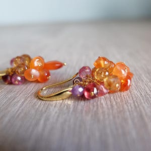 Könnte beinhalten: Ein Paar Ohrhänger mit Clustern aus kleinen, facettierten Edelsteinperlen in Orange-, Gelb- und Violetttönen. Die Perlen sind an goldfarbenen Metall-Ohrhaken befestigt und bilden ein lebendiges, mehrfarbiges Arrangement aus lichtreflektierenden Steinen.