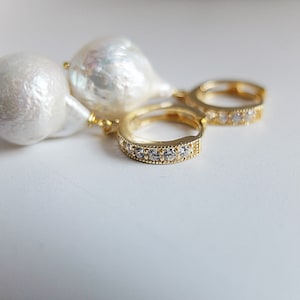 Large baroque pearl earrings , round cz pave hoops