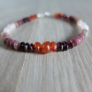 Multigemstone shaded  rainbow bracelet, Carnelian Tourmaline, Garnet, rose quartz