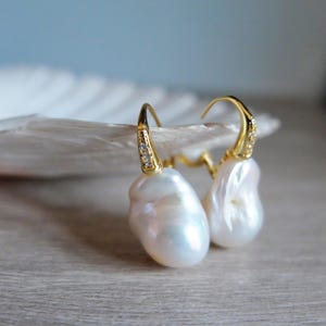 Large Baroque Pearls earrings,lgold leverback  cubic zirconia
