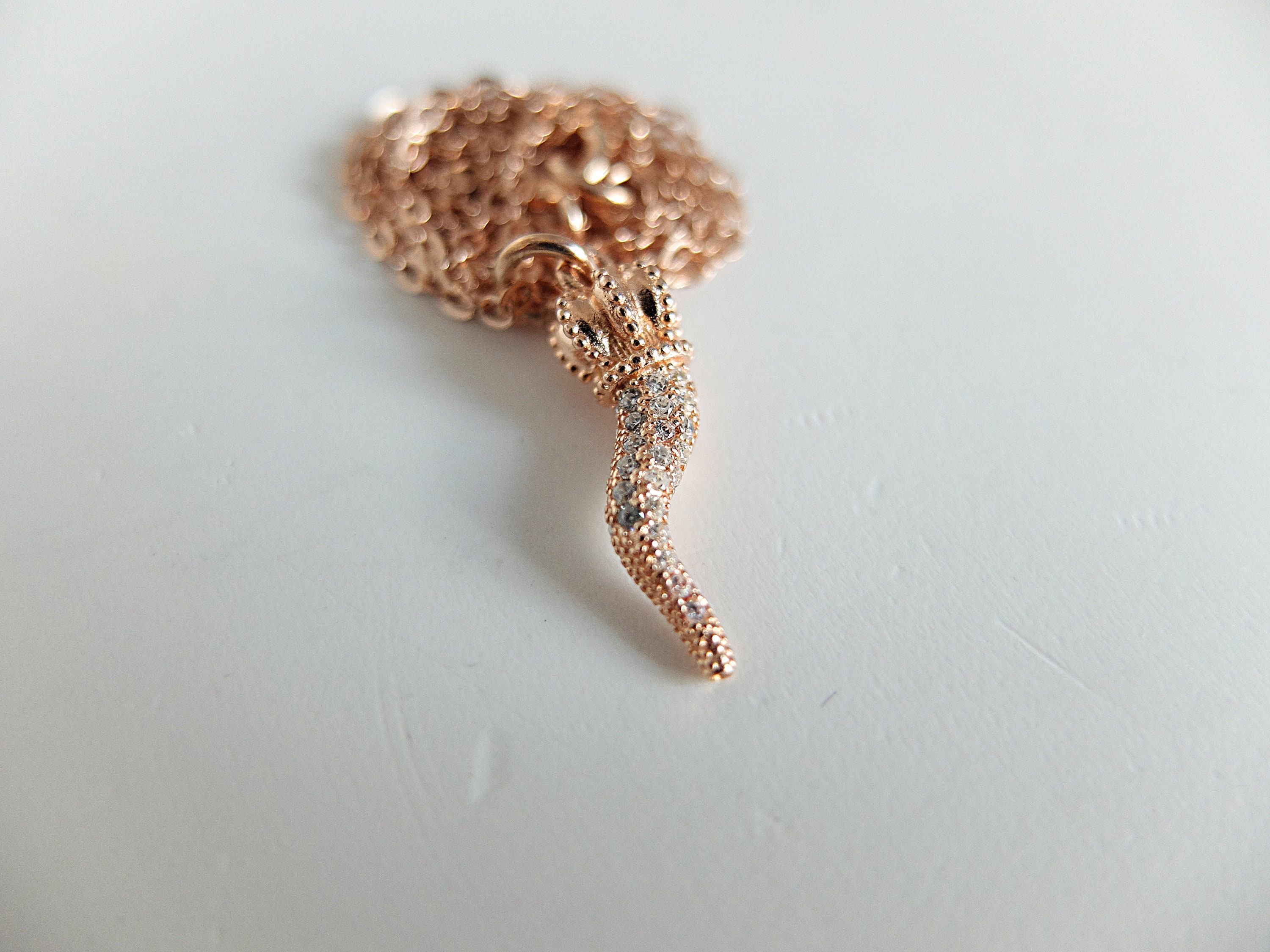 Italian Cornetto Good Luck Tailisman, rose gold micro pavè
