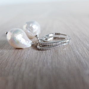 Silver Leverback micro pave, baroque  drop pearl earrings,