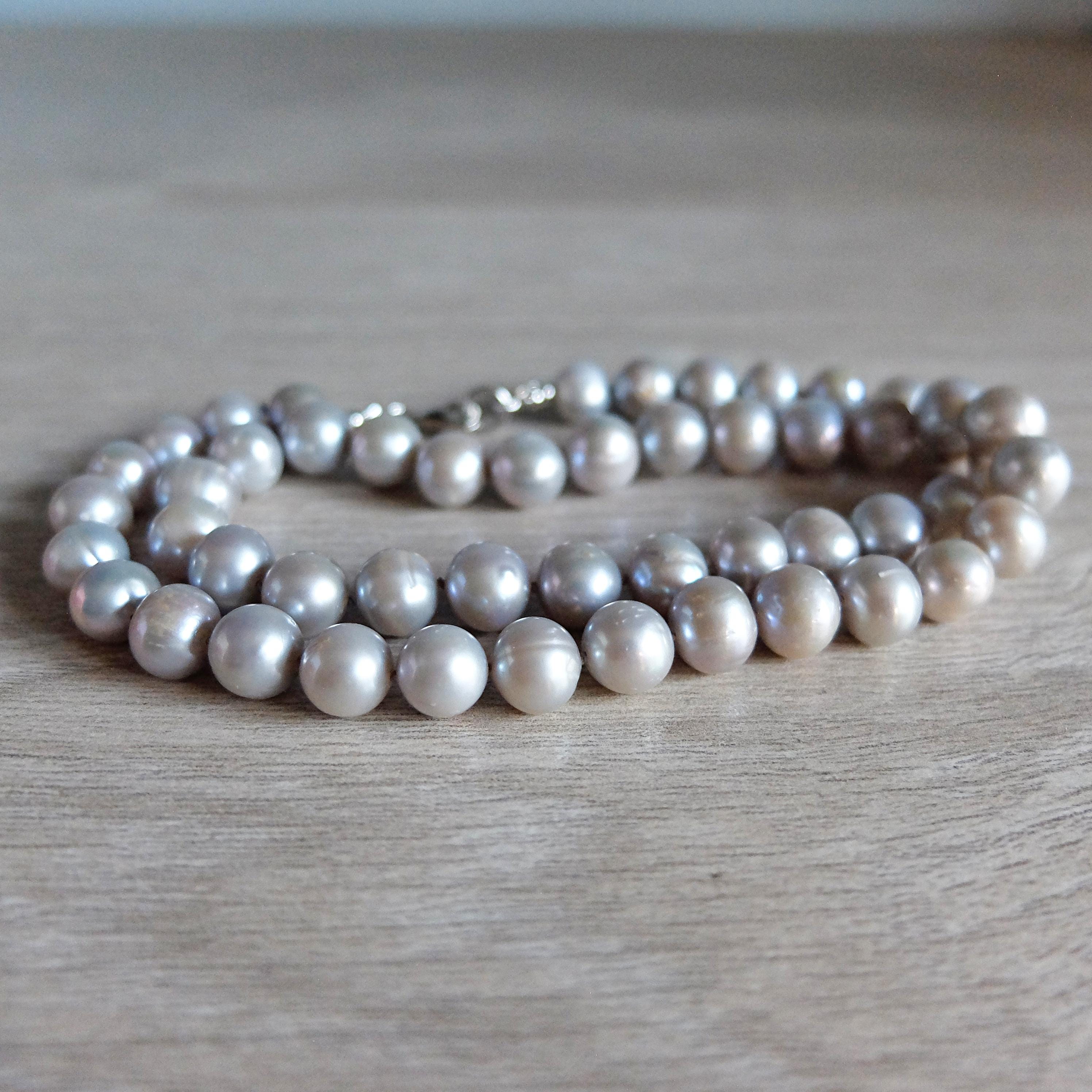 Round Light Gray Pearl Necklace, Hand Knotted Pearl Necklace