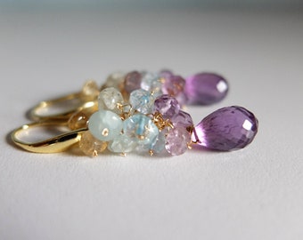 Vergoldete Cluster-Ohrringe mit Amethyst, Aquamarin und Citrin,