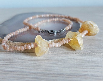 Beige Agate necklace with large raw citrine stones