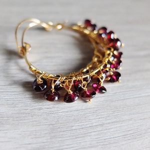 deep red garnet hoop earrings, dangle garnet gemstones