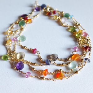 Long Multi gemstone gold filled necklace with tourmaline briolette