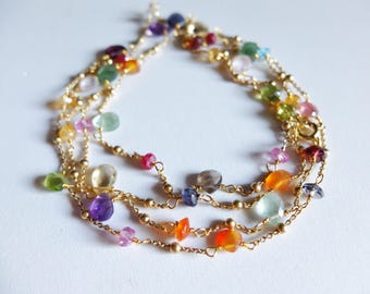 Long Multi gemstone gold filled necklace with tourmaline briolette