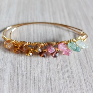 May include: A gold wire wrapped bracelet with a rainbow of gemstones. The bracelet features a variety of colors including brown, orange, pink, green, and blue.