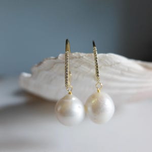 Leverback micro pave, baroque pearl earrings,