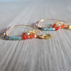 Rainbow gemstone, hoop earrings with Citrine briolette