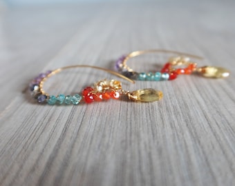 Rainbow gemstone, hoop earrings with Citrine briolette