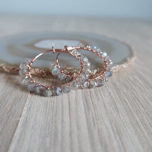Labradorite hoop earrings, rose gold labradorite  hoop