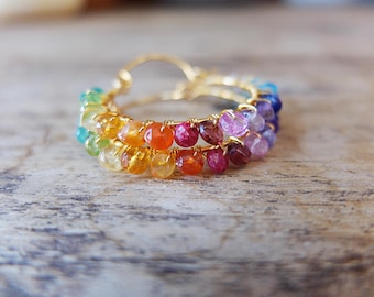 Rainbow gemstone, hoop earrings