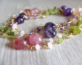 Peridot, Amethyst,  Rhodochrosite and  rose Quartz  long necklace