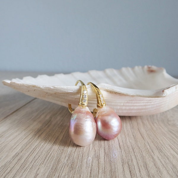 13x20mm Real Huge South Sea White Baroque Pearl Dangle Earrings – Gold Leverback - View #2