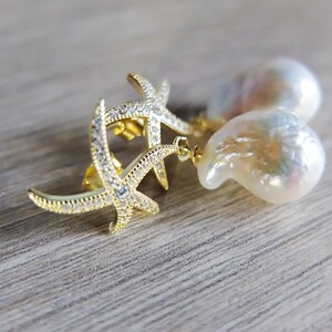 Baroque large pearl earrings, starfish cz posts, gold filled baroque
