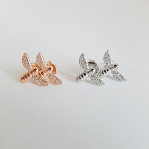 Honey Bee Stud Earrings - silver or rose gold micro pave CZ