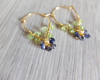 Pendientes de flores con Iolita, Citrino Peridoto