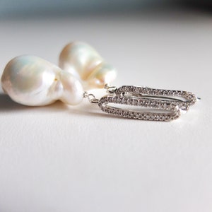 Leverback micro pave, baroque pearl earrings,