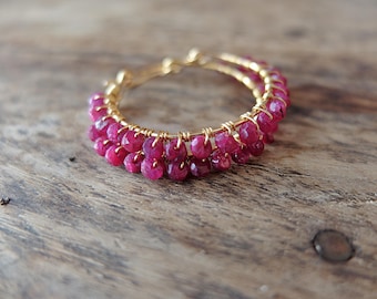 Ruby  hoop earrings, large ruby hoops