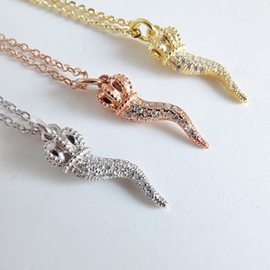 Italian Cornetto Good Luck Tailisman, 925 silver micro pavè, rose gold, gold filled