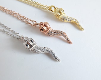 Italian Cornetto Good Luck Tailisman, 925 silver micro pavè, rose gold, gold filled
