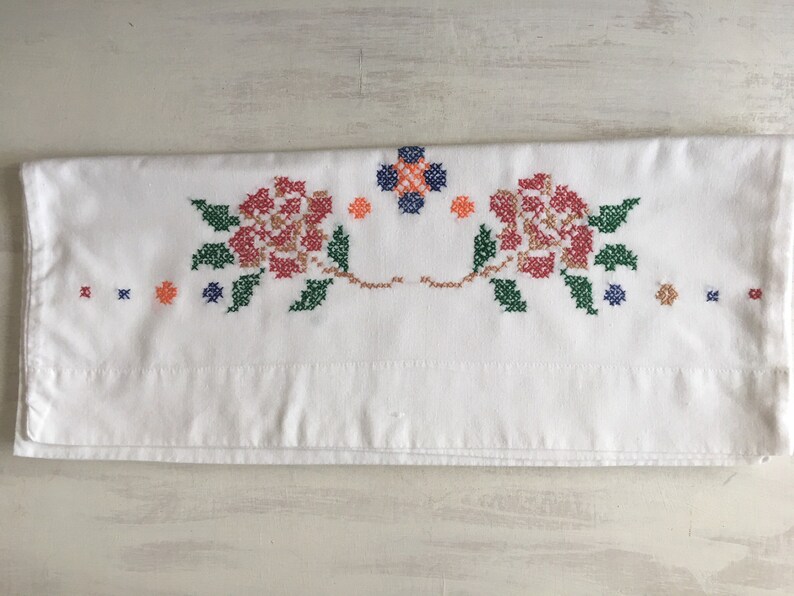 Old Fashioned White Pillowcase With Cross Stitch Embroidery