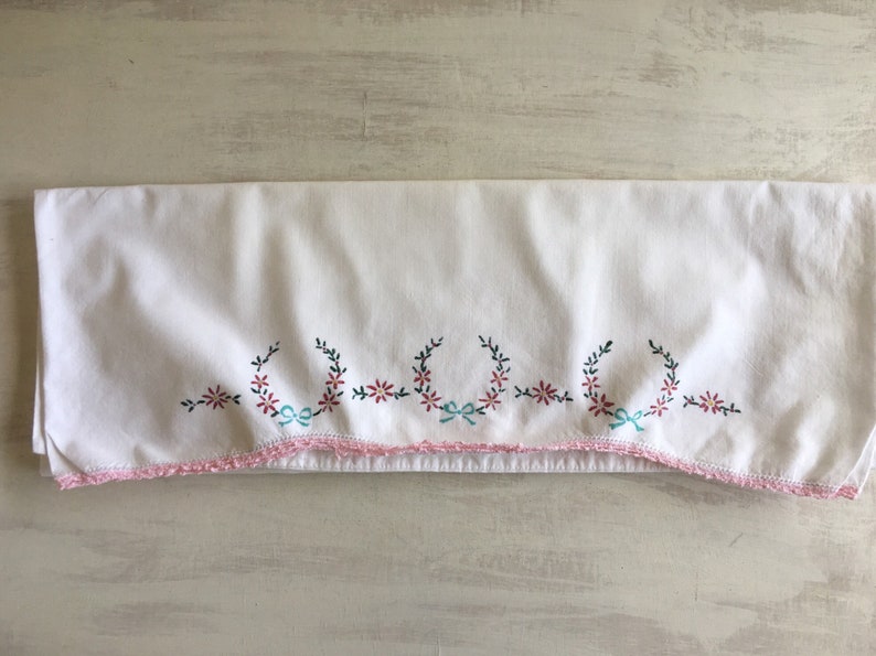 Vintage White Pillowcase With Pink Crochet Edging