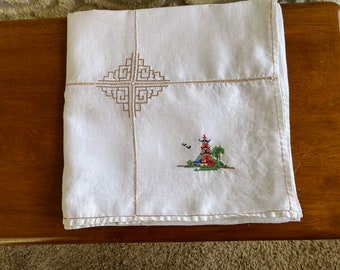 Japanese White Tablecloth With Needlework Design