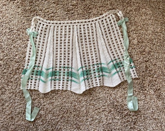 Vintage White Crocheted Half Apron Trimmed in Green