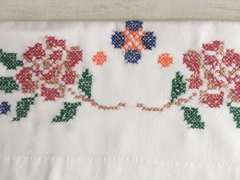 Old Fashioned White Pillowcase With Cross Stitch Embroidery