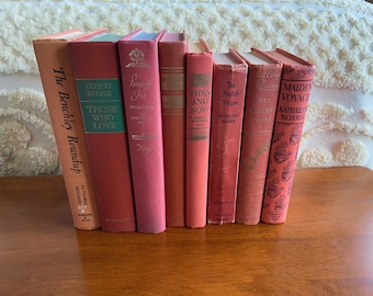 A Stack Of 8 Cinnamon-Burnt Orange Mid Century Books For Book Decor