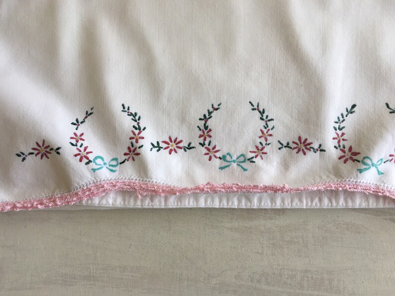 Vintage White Pillowcase With Pink Crochet Edging
