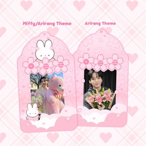 May include: Two pink photo card holders with a Miffy/Arirang theme and an Arirang theme. Each holder has a photo of a person holding flowers. The holders are decorated with cherry blossoms and a bunny.