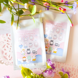 May include: Two white packets with the text "SVT Miffy Mystery Keyring" and illustrations of cartoon bunnies. The packets are surrounded by colorful flowers and greenery, with a pink background.