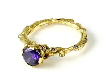 Solitaire  yellow gold ring with round faceted Amethyst and Zirconia crystals; nature inspired ring; engagement ring