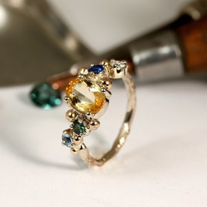 Handmade Solid White Gold ring with Yellow Gold Granulation and Citrine gemstone, birthday gift, Multi-stone ring
