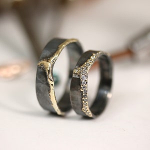 Unique Mens Wedding Ring in Black Rhodium with Handcrafted Organic Gold Accents, Couples jewelry