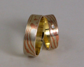 Classic form wedding bands with mokume gane technique: patterned wedding rings; copper wedding rings; structured wedding rings;