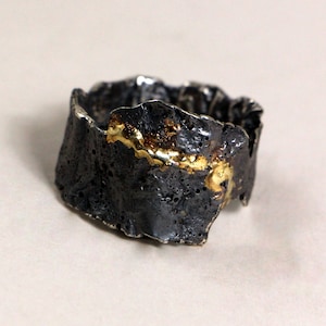 Men's statement ring in silver and solid yellow gold; Pyrit ring for him; Natural gemstone ring; UNIVERSE ring; Modern men's ring;