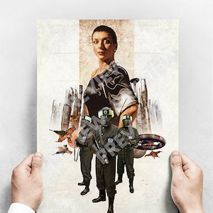 May include: A woman with short, dark hair stands in front of a futuristic cityscape. She wears a dark, flowing garment. Four figures in black uniforms and gas masks stand in front of her, holding weapons. The background is a collage of buildings, vehicles, and other futuristic elements.