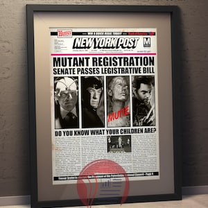 May include: Framed poster featuring a mock New York Post newspaper front page. The headline reads "MUTANT REGISTRATION SENATE PASSES LEGISLATIVE BILL." Includes images of characters and the text "DO YOU KNOW WHAT YOUR CHILDREN ARE?"