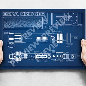 May include: A blue and white blueprint style poster with a diagram of Ezra Bridger's lightsaber from Star Wars Rebels. The poster includes the text "Ezra Bridger Jedi Kyber Crystal Powered".